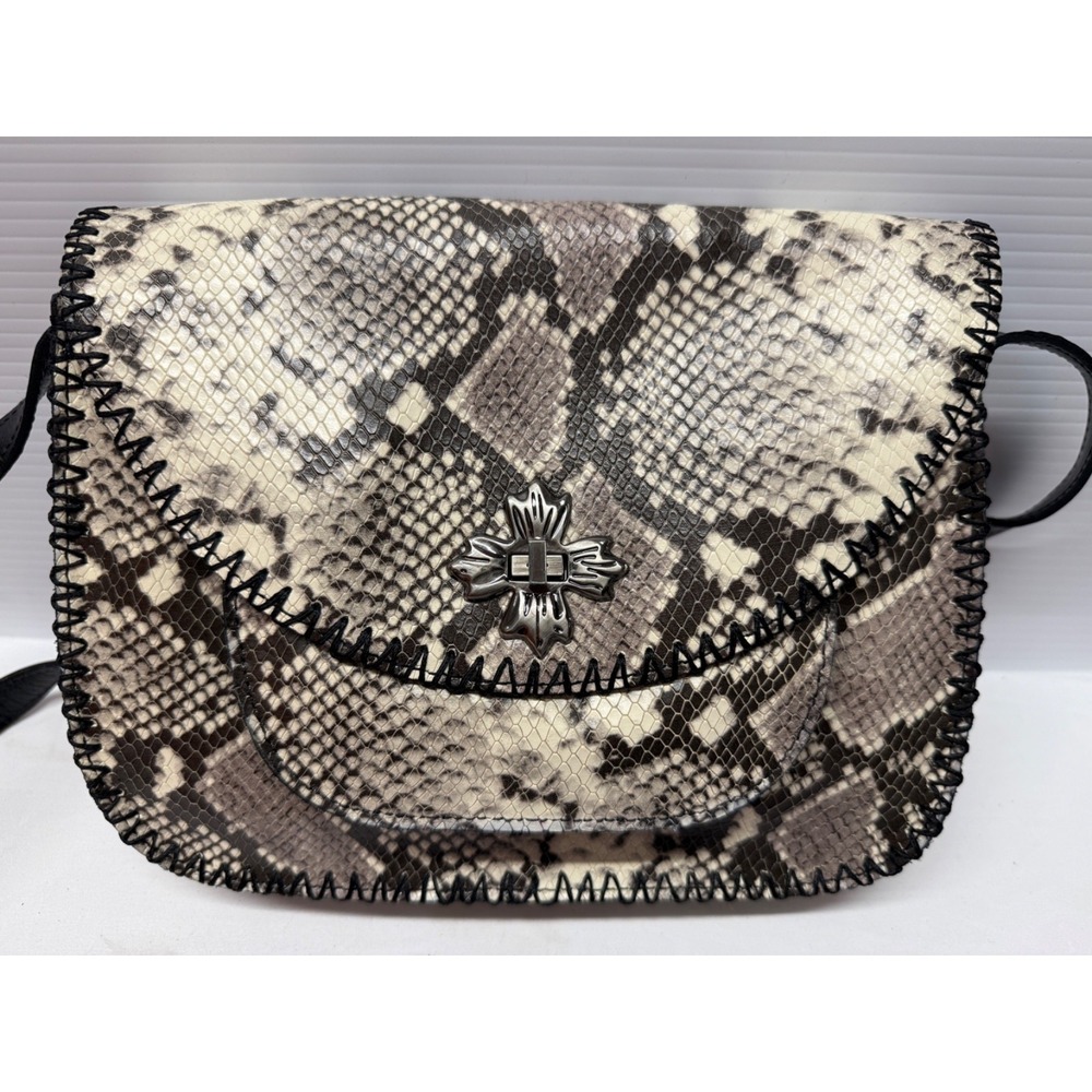 Patricia Nash Beaumont Leather Flap Crossbody Bag PURSE PYTHON BLACK WHITE